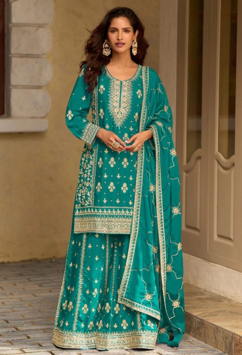Sea Green Chinon Readymade Salwar Suit with Embroidered, Sequins and Thread Work